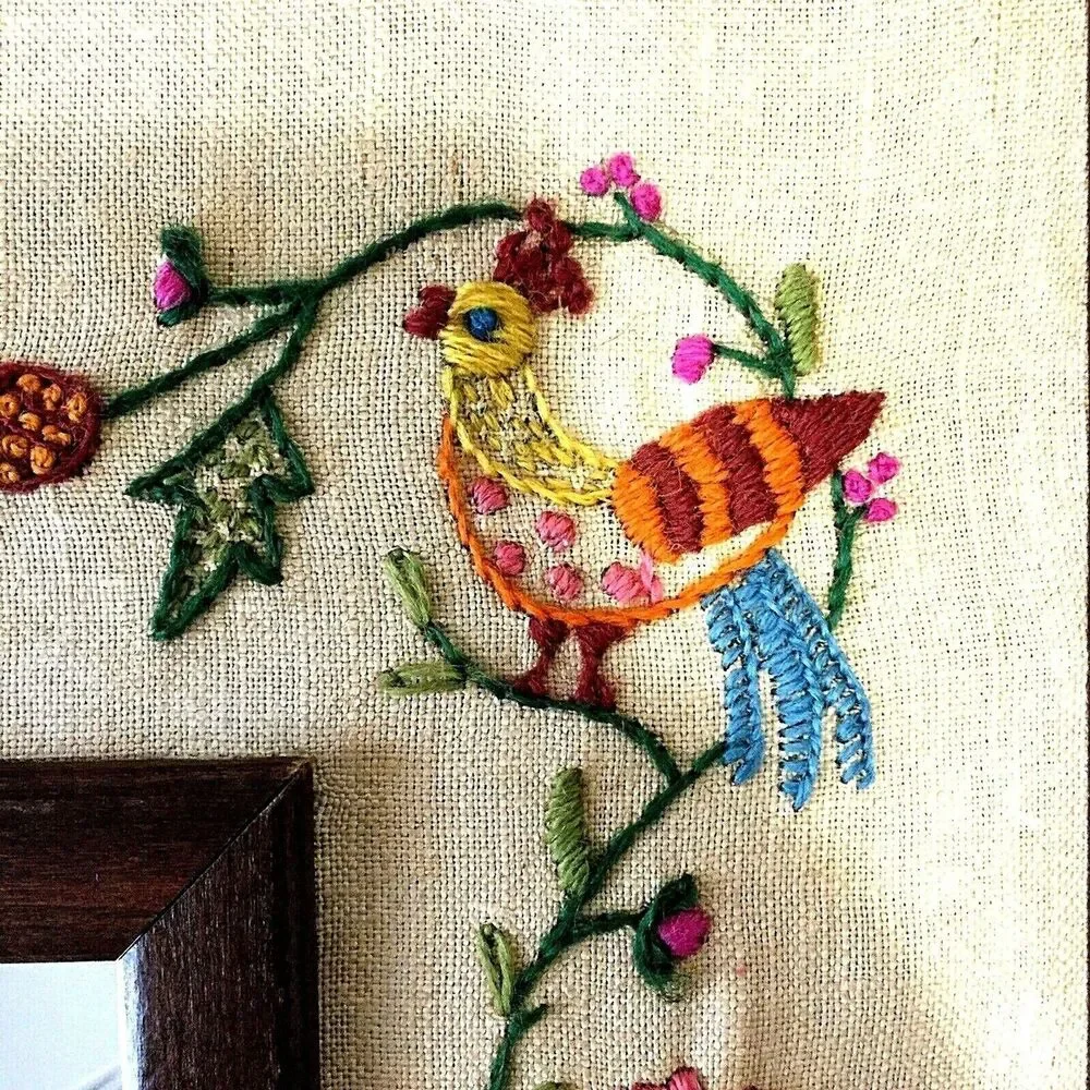 Antique Framed Mirror Crewel Embroidery Jacobean Sampler Linen Wool Floral Bird